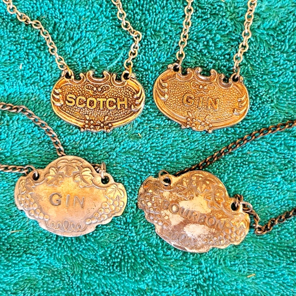 4 Vintage Pewter Liquor Scotch Gin Boubon Tags Home Bar